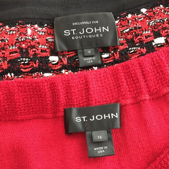BEAUTIFUL St John knit red black multi jacket skirt suit size 12 - Picture 9 of 9